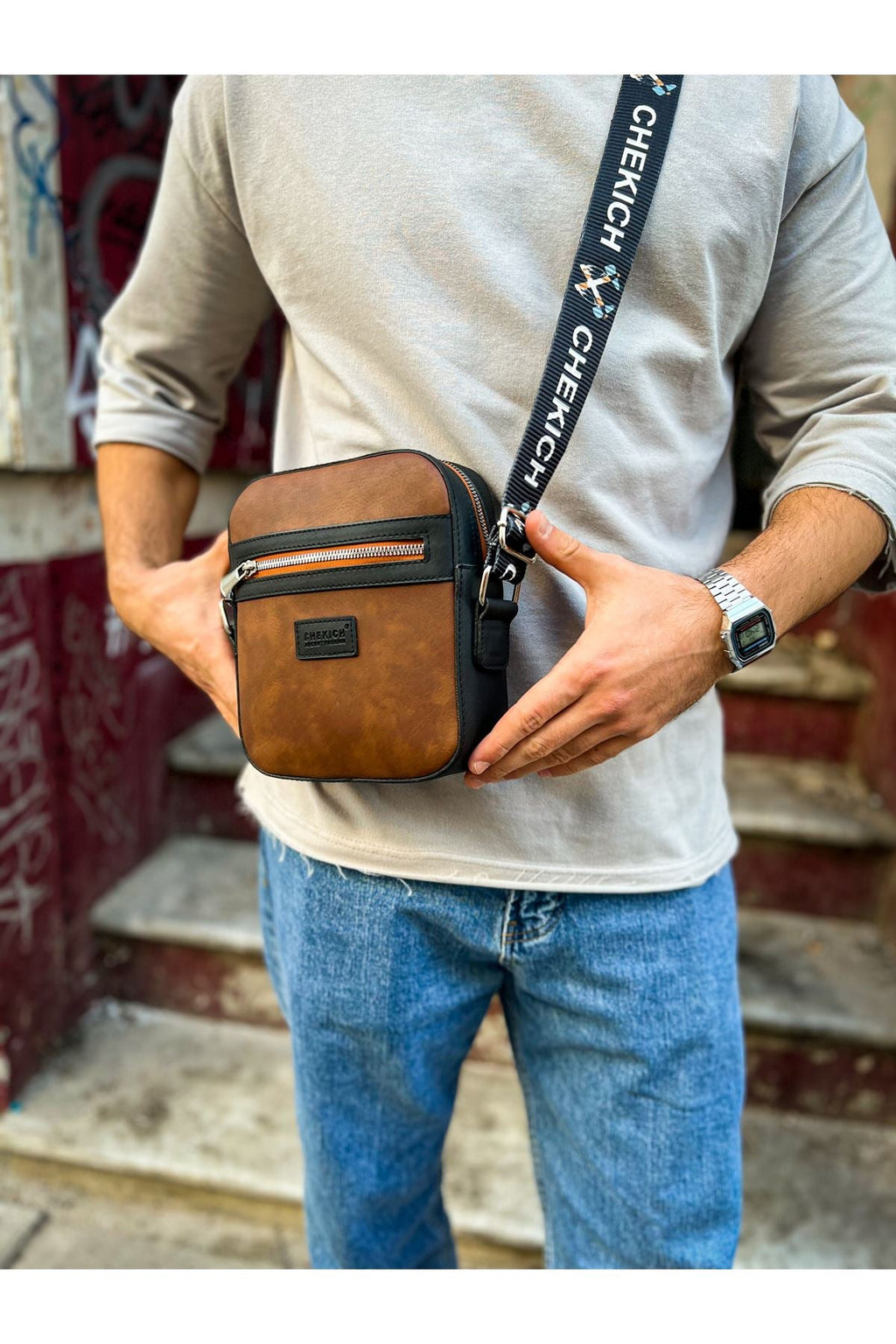 CH102 - Stealht Kare Erkek Çanta Black/Tan